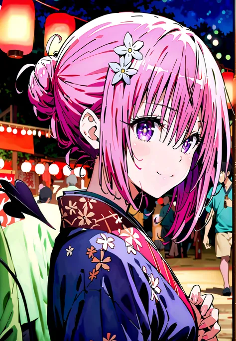 Momo Devil, Momo Deviluke, solo,Demon Tail,  hair flower, hair ornament, purple eyes, Picnic, smile,cover,close your mouth,side lock,single bun hair,Nape,Pink floral kimono,standing,Red Lantern,Japanese stalls ,Light up fireworks,night,crowd,full bodyがillu...