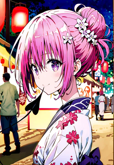 Momo Devil, Momo Deviluke, solo,Demon Tail,  hair flower, hair ornament, purple eyes, Picnic, smile,cover,close your mouth,side lock,single bun hair,Nape,Pink floral kimono,standing,Red Lantern,Japanese stalls ,Light up fireworks,night,crowd,full bodyがillu...