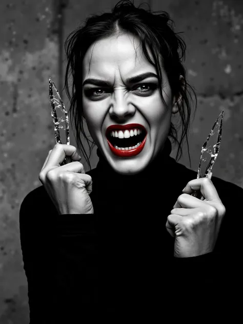 Furious woman snarling, deep frown with forehead wrinkles, teeth bared in aggressive grimace, pale skin with sweat on temple, (Debbie Harry likeness), wearing tight black turtleneck, gripping jagged glass shard, (Helmut Newton style), high-contrast noir po...