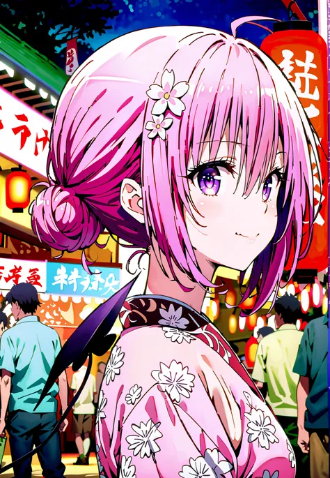 Momo Devil, Momo Deviluke, solo,Demon Tail,  hair flower, hair ornament, purple eyes, Picnic, smile,cover,close your mouth,side lock,single bun hair,Nape,Medium breast,Pink floral kimono,standing,Red Lantern,Japanese stalls ,Light up fireworks,night,crowd,...