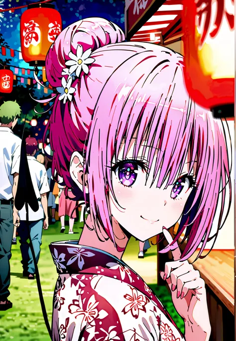 Momo Devil, Momo Deviluke, solo,Demon Tail,  hair flower, hair ornament, purple eyes, Picnic, smile,cover,close your mouth,side lock,single bun hair,Nape,Medium breast,Pink floral kimono,standing,Red Lantern,Japanese stalls ,Light up fireworks,night,crowd,...