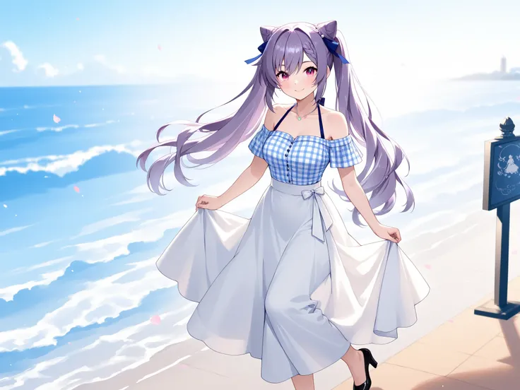 Keqing、Best Quality、(Draw a beautiful face)、Walking along the seashore、light blue and white plaid off-the-shoulder、white long skirt、black pumps、smile
