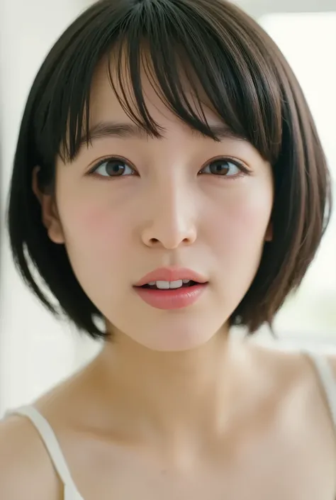(( top quality )), ((masterpiece)), ( details), Japanese, first-person view ,1 girl, sexy,( in bedroom),((and open her mouth wide )),(( abnormally large breasts , underwear, short bob hair)), black hair , (( without makeup, small eyes...
