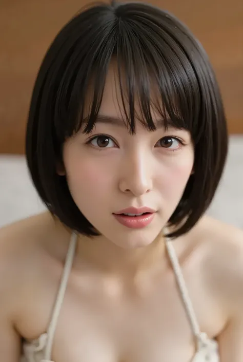 (( top quality )), ((masterpiece)), ( details), Japanese, first-person view ,1 girl, sexy,( in bedroom),((and open her mouth wide )),(( abnormally large breasts , underwear, short bob hair)), black hair , (( without makeup, small eyes...