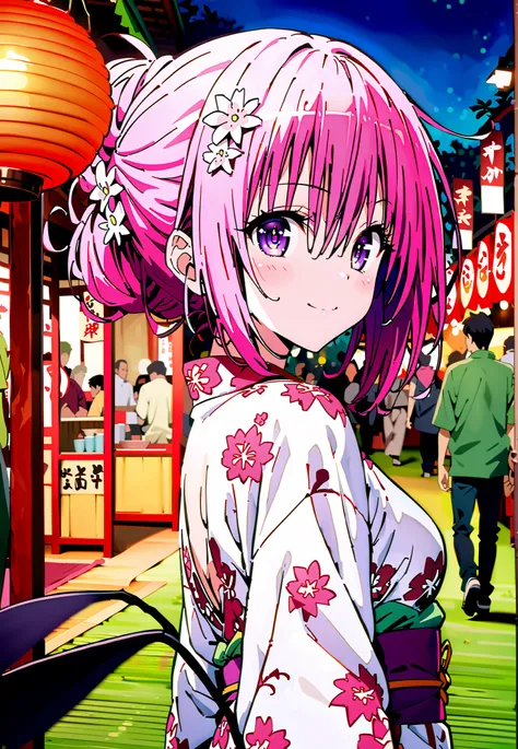 Momo Devil, Momo Deviluke, solo,Demon Tail,  hair flower, hair ornament, purple eyes, Picnic, smile,cover,close your mouth,side lock,single bun hair,Nape,Medium breast,Pink floral kimono,standing,Red Lantern,Japanese stalls ,Light up fireworks,night,crowd,...