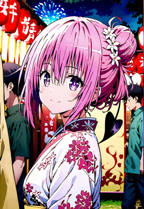 Momo Devil, Momo Deviluke, solo,Demon Tail,  hair flower, hair ornament, purple eyes, Picnic, smile,cover,close your mouth,side lock,single bun hair,Nape,Medium breast,Pink floral kimono,standing,Red Lantern,Japanese stalls ,Light up fireworks,night,crowd,...