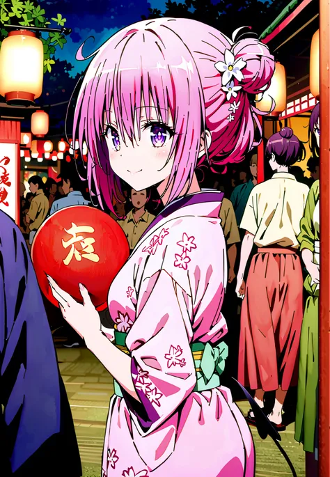 Momo Devil, Momo Deviluke, solo,Demon Tail,  hair flower, hair ornament, purple eyes, Picnic, smile,cover,close your mouth,side lock,single bun hair,Nape,Medium breast,Pink floral kimono,standing,Red Lantern,Japanese stalls ,Light up fireworks,night,crowd,...