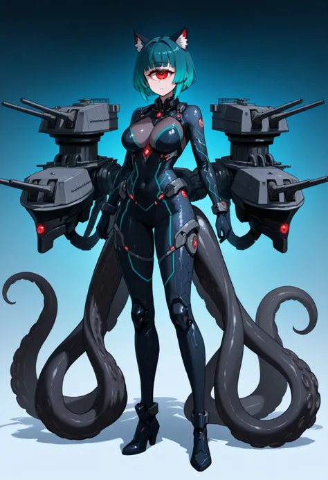 Scylla style girl. Cyclops eye. Sci-fi style bodysuit. Navy blue and black costume. Honeycomb pattern bodysuit. Fusion with battleship. Turret. Black tentacles. Red glowing lines. Aqua colored hair. Short hair. Mechanical cat ears. Pert breasts.