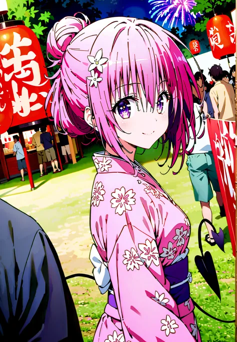 Momo Devil, Momo Deviluke, solo,Demon Tail,  hair flower, hair ornament, purple eyes, Picnic, smile,cover,close your mouth,side lock,single bun hair,Nape,Medium breast,Pink floral kimono,standing,Red Lantern,Japanese stalls ,Light up fireworks,night,crowd,...