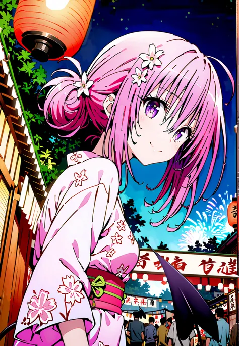 Momo Devil, Momo Deviluke, solo,Demon Tail,  hair flower, hair ornament, purple eyes, Picnic, smile,cover,close your mouth,side lock,single bun hair,Nape,Medium breast,Pink floral kimono,standing,Red Lantern,Japanese stalls ,Light up fireworks,night,crowd,...