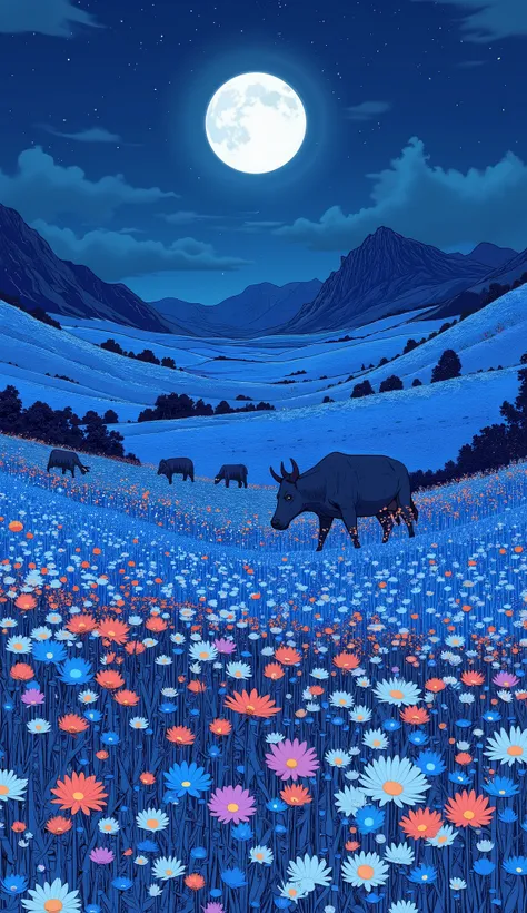 there is a painting of a Flower Field with mountains in the background, Flower Field at night, field of flowers, mythical flower hill , blue field of flowers, herd of cows on the background, by Haku Maki, Flower Field, Field flowers, Flower Field, an ae...