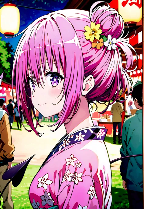 Momo Devil, Momo Deviluke, solo,Demon Tail,  hair flower, hair ornament, purple eyes, Picnic, smile,cover,close your mouth,side lock,single bun hair,Nape,Medium breast,Pink floral kimono,standing,Red Lantern,Japanese stalls ,Light up fireworks,night,crowd,...