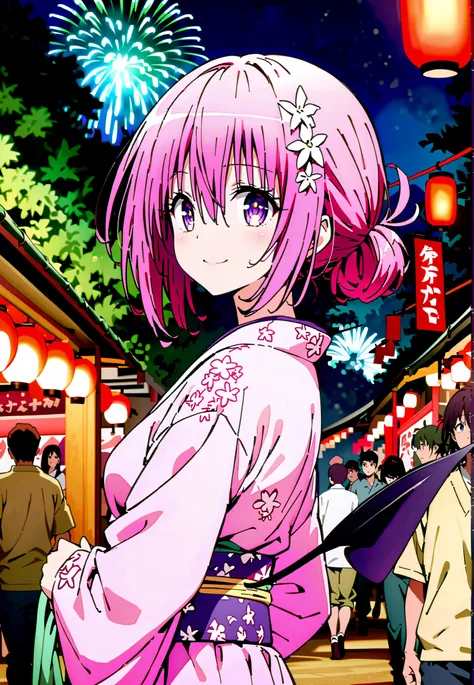 Momo Devil, Momo Deviluke, solo,Demon Tail,  hair flower, hair ornament, purple eyes, Picnic, smile,cover,close your mouth,side lock,single bun hair,Nape,Medium breast,Pink floral kimono,standing,Red Lantern,Japanese stalls ,Light up fireworks,night,crowd,...