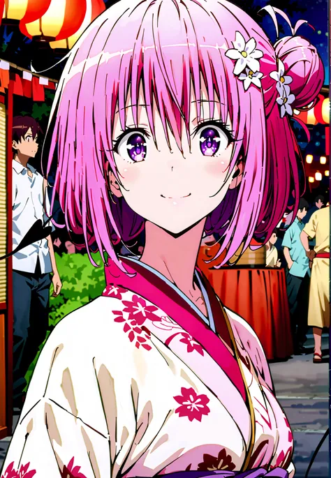 Momo Devil, Momo Deviluke, solo,Demon Tail,  hair flower, hair ornament, purple eyes, Picnic, smile,cover,close your mouth,side lock,single bun hair,Nape,Medium breast,Pink floral kimono,standing,Red Lantern,Japanese stalls ,Light up fireworks,night,crowd,...