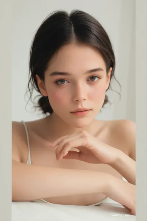 Baby faced brunette girl with a Slim waist, small ass, with drawn on freckles and shadows of light and dark. Seductively gazes at the viewer, teasing to remove her shorts. Wavy hair, twintails
Wearing a super tight white undershirt and a knit cardigan. ...