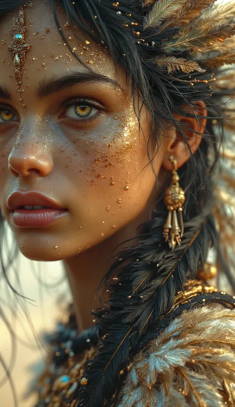 A fascinating black-brown-golden sepia photograph of a sublime, surrealen, abstract watercolor of a portrait of an Indian woman in the Wild West with sensual clear eyes with delicate accents, that evoke an ethereal quality. The image is characterized by hi...