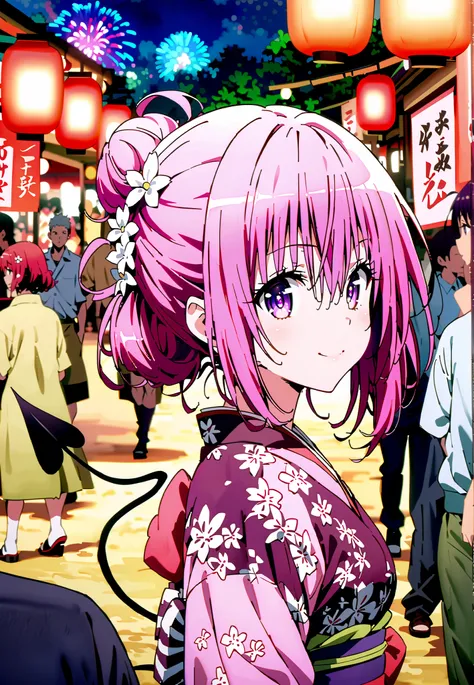 Momo Devil, Momo Deviluke, solo,Demon Tail,  hair flower, hair ornament, purple eyes, Picnic, smile,cover,close your mouth,side lock,single bun hair,Nape,Medium breast,Pink floral kimono,standing,Red Lantern,Japanese stalls ,Light up fireworks,night,crowd,...
