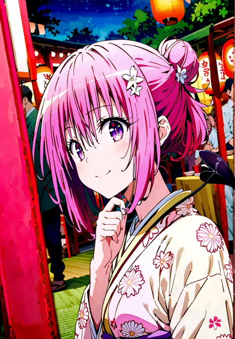 Momo Devil, Momo Deviluke, solo,Demon Tail,  hair flower, hair ornament, purple eyes, Picnic, smile,cover,close your mouth,side lock,single bun hair,Nape,Medium breast,Pink floral kimono,standing,Red Lantern,Japanese stalls ,Light up fireworks,night,crowd,...