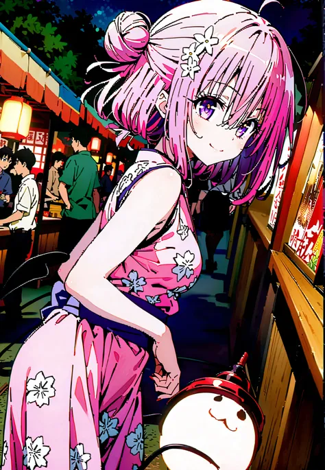 Momo Devil, Momo Deviluke, solo,Demon Tail,  hair flower, hair ornament, purple eyes, Picnic, smile,cover,close your mouth,side lock,single bun hair,Nape,Medium breast,Pink floral kimono,standing,Red Lantern,Japanese stalls ,Light up fireworks,night,crowd,...