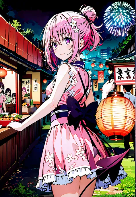 Momo Devil, Momo Deviluke, solo,Demon Tail,  hair flower, hair ornament, purple eyes, Picnic, smile,cover,close your mouth,side lock,single bun hair,Nape,Medium breast,Pink floral kimono,standing,Red Lantern,Japanese stalls ,Light up fireworks,night,crowd,...