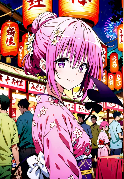 Momo Devil, Momo Deviluke, solo,Demon Tail,  hair flower, hair ornament, purple eyes, Picnic, smile,cover,close your mouth,side lock,single bun hair,Nape,Medium breast,Pink floral kimono,standing,Red Lantern,Japanese stalls ,Light up fireworks,night,crowd,...