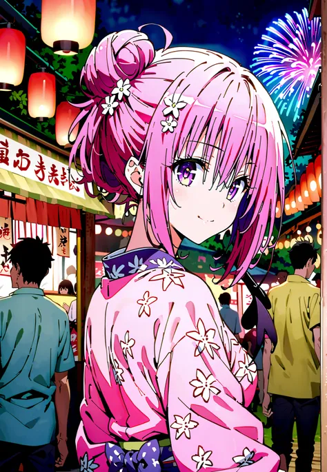 Momo Devil, Momo Deviluke, solo,Demon Tail,  hair flower, hair ornament, purple eyes, Picnic, smile,cover,close your mouth,side lock,single bun hair,Nape,Medium breast,Pink floral kimono,standing,Red Lantern,Japanese stalls ,Light up fireworks,night,crowd,...