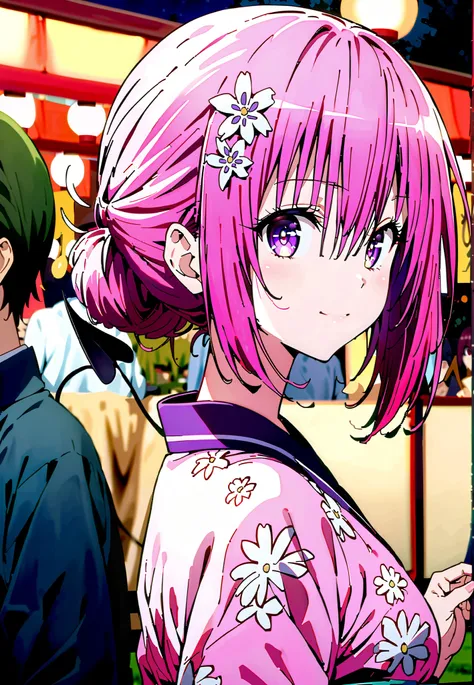 Momo Devil, Momo Deviluke, solo,Demon Tail,  hair flower, hair ornament, purple eyes, Picnic, smile,cover,close your mouth,side lock,single bun hair,Nape,Medium breast,Pink floral kimono,standing,Red Lantern,Japanese stalls ,Light up fireworks,night,crowd,...