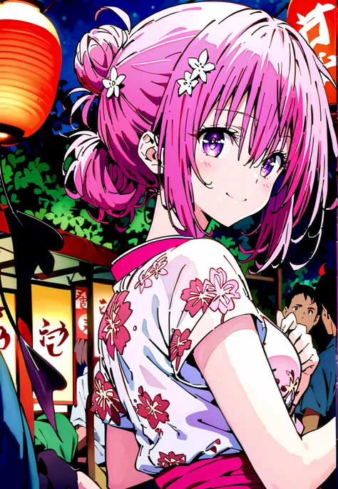 Momo Devil, Momo Deviluke, solo,Demon Tail,  hair flower, hair ornament, purple eyes, Picnic, smile,cover,close your mouth,side lock,single bun hair,Nape,Medium breast,Pink floral kimono,standing,Red Lantern,Japanese stalls ,Light up fireworks,night,crowd,...