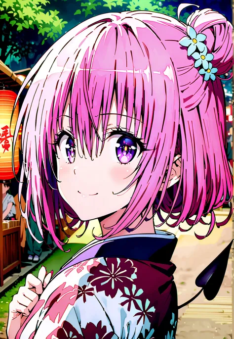 Momo Devil, Momo Deviluke, solo,Demon Tail,  hair flower, hair ornament, purple eyes, Picnic, smile,cover,close your mouth,side lock,single bun hair,Nape,Medium breast,Pink floral kimono,standing,Red Lantern,Japanese stalls ,Light up fireworks,night,crowd,...