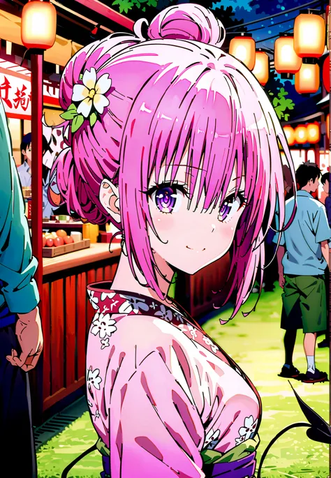 Momo Devil, Momo Deviluke, solo,Demon Tail,  hair flower, hair ornament, purple eyes, Picnic, smile,cover,close your mouth,side lock,single bun hair,Nape,Medium breast,Pink floral kimono,standing,Red Lantern,Japanese stalls ,Light up fireworks,night,crowd,...
