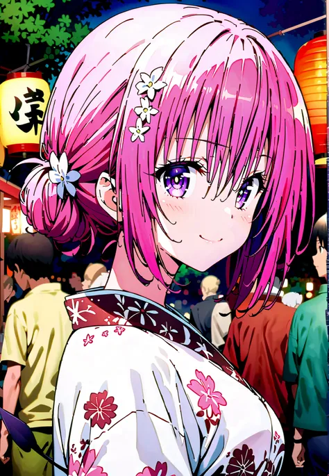 Momo Devil, Momo Deviluke, solo,Demon Tail,  hair flower, hair ornament, purple eyes, Picnic, smile,cover,close your mouth,side lock,single bun hair,Nape,Medium breast,Pink floral kimono,standing,Red Lantern,Japanese stalls ,Light up fireworks,night,crowd,...