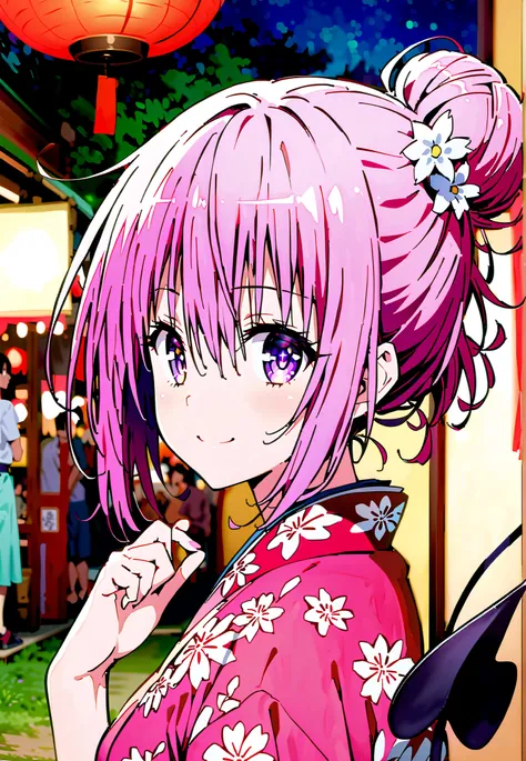 Momo Devil, Momo Deviluke, solo,Demon Tail,  hair flower, hair ornament, purple eyes, Picnic, smile,cover,close your mouth,side lock,single bun hair,Nape,Medium breast,Pink floral kimono,standing,Red Lantern,Japanese stalls ,Light up fireworks,night,crowd,...