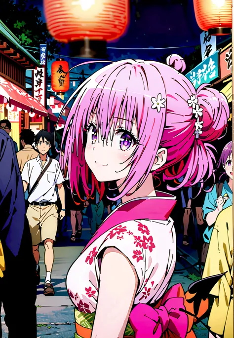 Momo Devil, Momo Deviluke, solo,Demon Tail,  hair flower, hair ornament, purple eyes, Picnic, smile,cover,close your mouth,side lock,single bun hair,Nape,Medium breast,Pink floral kimono,standing,Red Lantern,Japanese stalls ,Light up fireworks,night,crowd,...