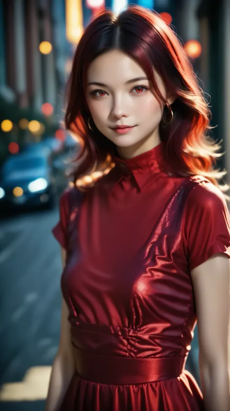 Best Quality, masterpiece, high resolution, (((one girl on her back))),   very young woman , cute face, Darkred Eyes、Red clothing、((red shirt:1.3、red rock dress)),  tyndall effect , realistic, Shadow Studio , Red lighting, two-tone lighting, (high detail s...