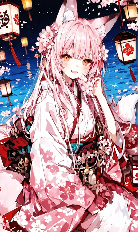 Cartoon character scene on the island of blooming sakura flowers and Japanese style lanterns, one girl, solo, kimono, Japanese clothes, animal ears, flowers, long hair, tail, fox ears, smiling face, fox tail, looking at the viewer, hair flower, bangs, lant...