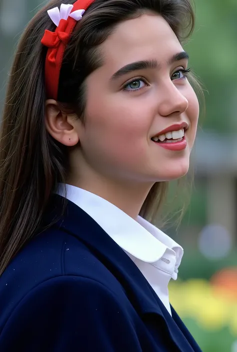 ( very realistic photo ),(masterpiece, of the best quality:1.3), 1 girl, (alone), from just her side, her beautiful profile,
(( young Jennifer Connelly )),(At age 15 ),
She's wearing a well-groomed dark blue high school uniform blazer, pure white bl...