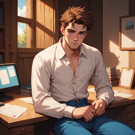 a DILF in his 40s. he has brown hair, blue eyes. he sits at a desk in his house. he looks very exhausted. he is wearing a white long sleeve button up shirt with blue pants.