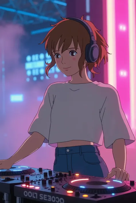 Ghibli style， female DJ ,  active , confidence, Party atmosphere, Turntable, earphone,  fashionable clothes, bright colors,  neon, Smoke effect ,  Dancing crowd,  Raise your hands, stage, Mix music,  staring heavily ,  A charming smile , bass drop, Technic...