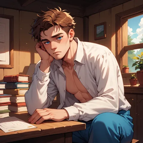 a DILF in his 40s. he has brown hair, blue eyes. he sits at a desk in his house. he looks very exhausted. he is wearing a white long sleeve button up shirt with blue pants.