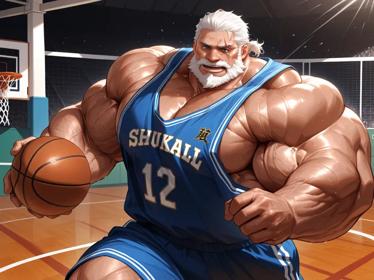 solo, huge muscular old man, SCAR ACROSS EYE, SCAR, BEARD, FACIAL HAIR, SCAR ON FACE, OLD MAN, WHITE HAIR, MUSTACHE, happy, side chest, Stand slightly sideways, side angel, shirtless, very huge pectoral, shorts, basketball, running, playing basketball, dri...