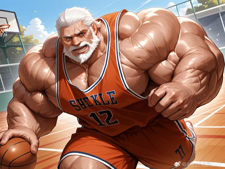 solo, huge muscular old man, SCAR ACROSS EYE, SCAR, BEARD, FACIAL HAIR, SCAR ON FACE, OLD MAN, WHITE HAIR, MUSTACHE, happy, side chest, Stand slightly sideways, side angel, shirtless, very huge pectoral, shorts, basketball, running, playing basketball, dri...