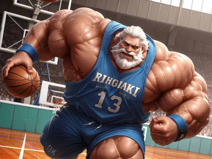 solo, huge muscular old man, SCAR ACROSS EYE, SCAR, BEARD, FACIAL HAIR, SCAR ON FACE, OLD MAN, WHITE HAIR, MUSTACHE, happy, side chest, Stand slightly sideways, side angel, shirtless, very huge pectoral, shorts, basketball, running, playing basketball, dri...