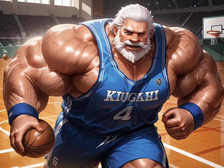 solo, huge muscular old man, SCAR ACROSS EYE, SCAR, BEARD, FACIAL HAIR, SCAR ON FACE, OLD MAN, WHITE HAIR, MUSTACHE, happy, side chest, Stand slightly sideways, side angel, shirtless, very huge pectoral, shorts, basketball, running, playing basketball, dri...