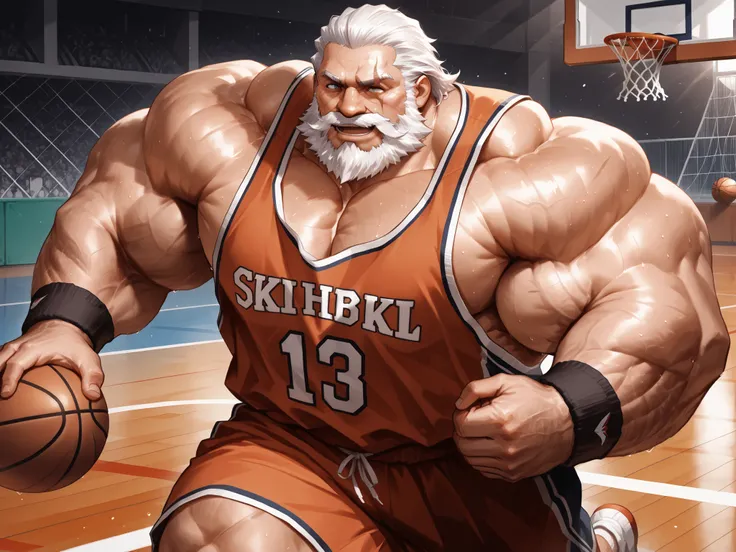 solo, huge muscular old man, SCAR ACROSS EYE, SCAR, BEARD, FACIAL HAIR, SCAR ON FACE, OLD MAN, WHITE HAIR, MUSTACHE, happy, side chest, Stand slightly sideways, side angel, shirtless, very huge pectoral, shorts, basketball, running, playing basketball, dri...