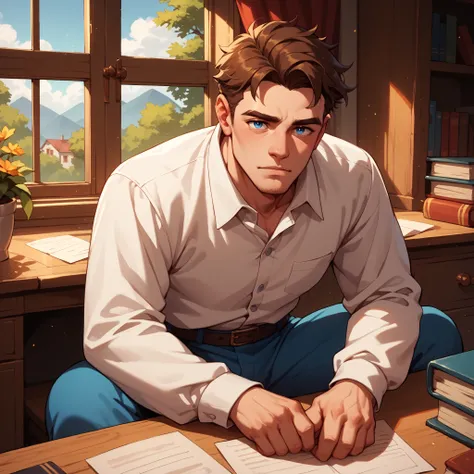 a mature DILF in his 40s. he has brown hair, blue eyes. he sits at a desk in his house. he looks very exhausted. he is wearing a white long sleeve button up shirt with blue pants.