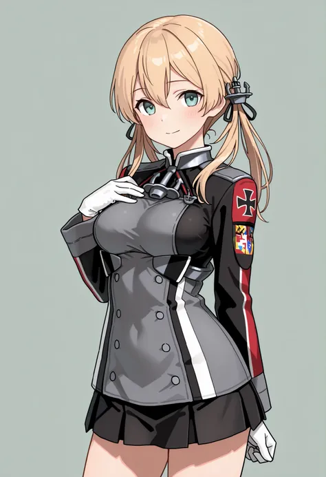 Prinz Eugen (from Kantai Collection), masterpiece, Best Quality, 32K, high resolution, abussard dress, Prince Eugene (KanColle), rose twintail, ANCHOR HAIR ORNAMENT WITH GOLD DECORATION, long sleeve, military villages with, military uniform, gloves, iron c...
