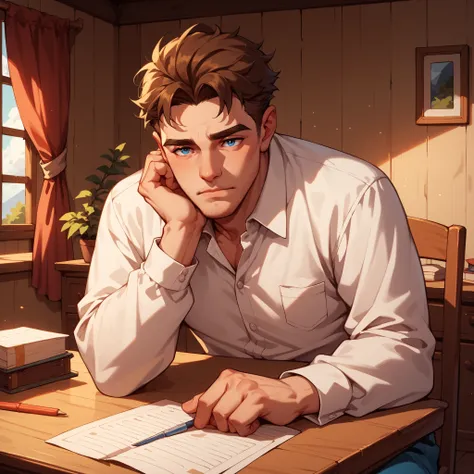 a mature DILF in his 40s. he has brown hair, blue eyes. he sits at a desk in his house. he looks very exhausted. he is wearing a white long sleeve button up shirt with blue pants.