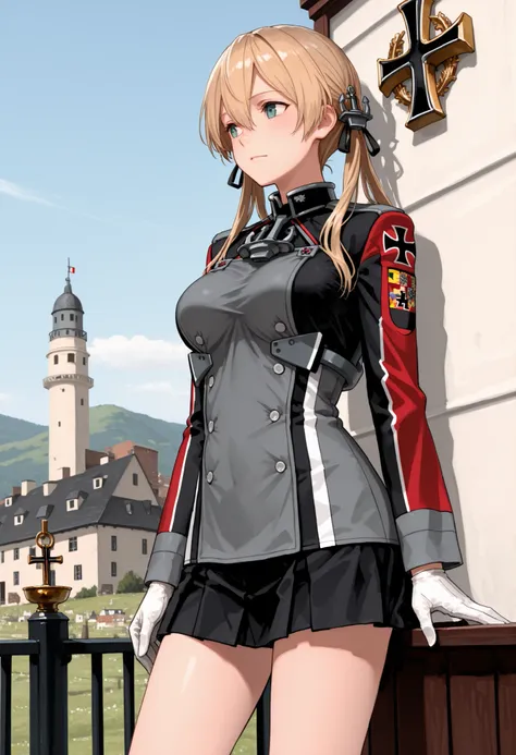 Prinz Eugen (from Kantai Collection), masterpiece, Best Quality, 32K, high resolution, abussard dress, Prince Eugene (KanColle), rose twintail, ANCHOR HAIR ORNAMENT WITH GOLD DECORATION, long sleeve, military villages with, military uniform, gloves, iron c...