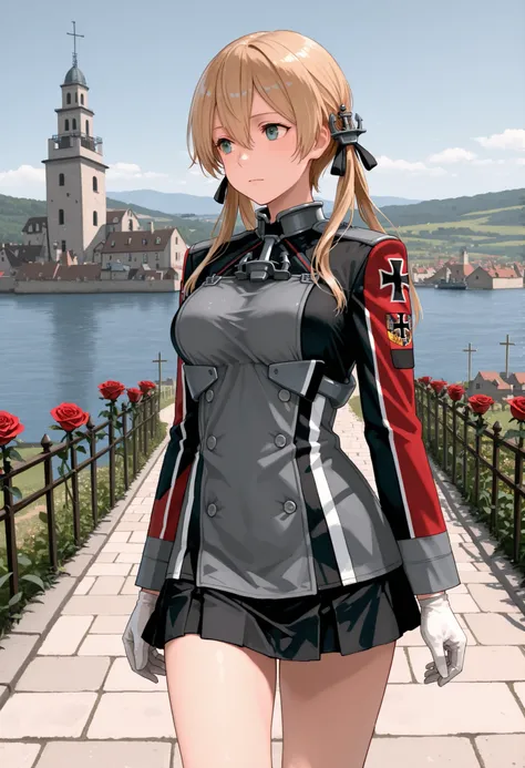 Prinz Eugen (from Kantai Collection), masterpiece, Best Quality, 32K, high resolution, abussard dress, Prince Eugene (KanColle), rose twintail, ANCHOR HAIR ORNAMENT WITH GOLD DECORATION, long sleeve, military villages with, military uniform, gloves, iron c...