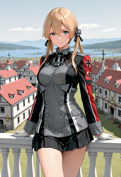 Prinz Eugen (from Kantai Collection), masterpiece, Best Quality, 32K, high resolution, abussard dress, Prince Eugene (KanColle), rose twintail, ANCHOR HAIR ORNAMENT WITH GOLD DECORATION, long sleeve, military villages with, military uniform, gloves, iron c...